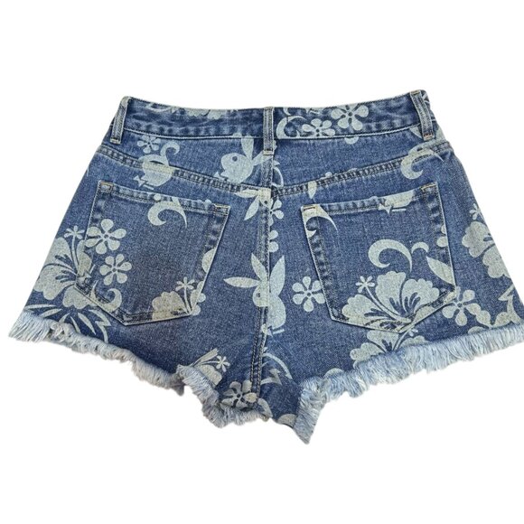 PlayBoy Pacsun Shorts Womens 25 Blue Jean Denim Fringe 90s Grunge Floral Bunny - Picture 4 of 4